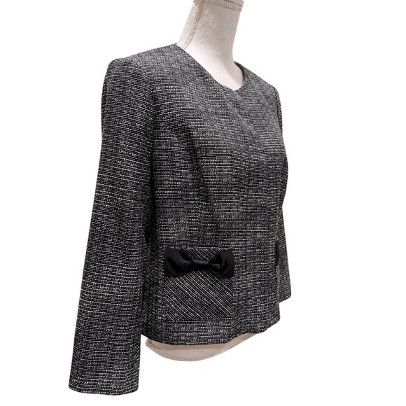 NWT CeCe Black/White Tweed Look Trendy Short Blazer With Pockets and Bow Details - Picture 4 of 11